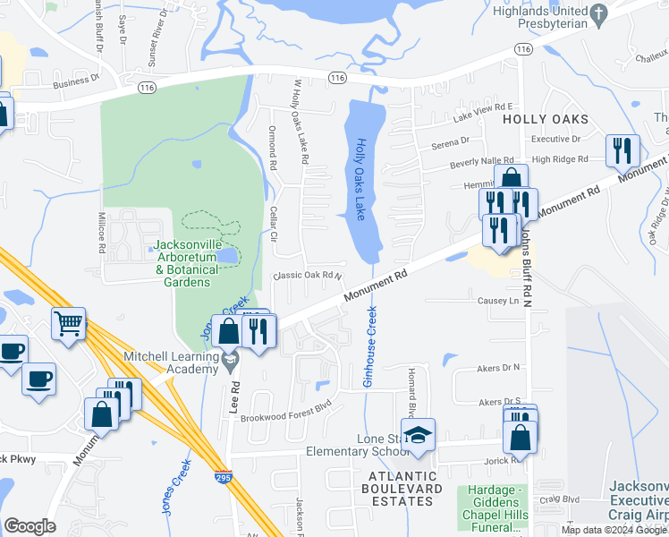 map of restaurants, bars, coffee shops, grocery stores, and more near 1535 West Holly Oaks Lake Road in Jacksonville