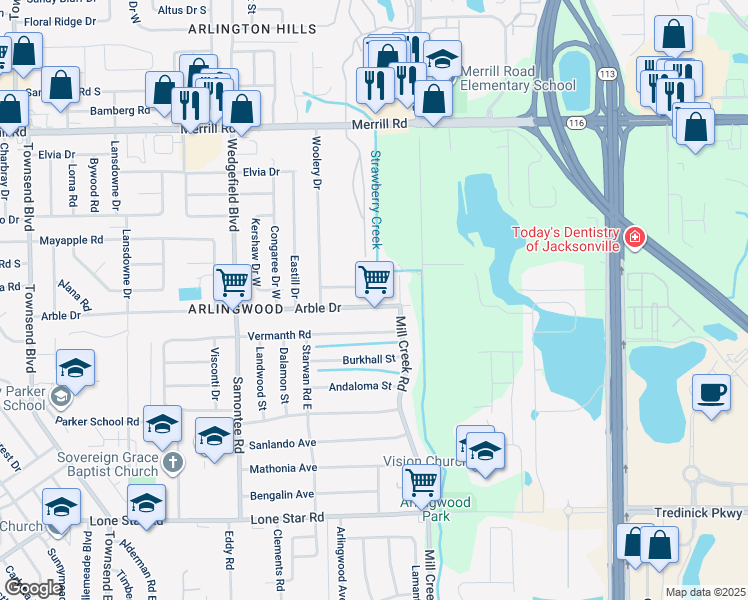 map of restaurants, bars, coffee shops, grocery stores, and more near 8049 Congaree Court North in Jacksonville