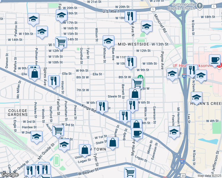 map of restaurants, bars, coffee shops, grocery stores, and more near 1486 Mc Conihe Street in Jacksonville