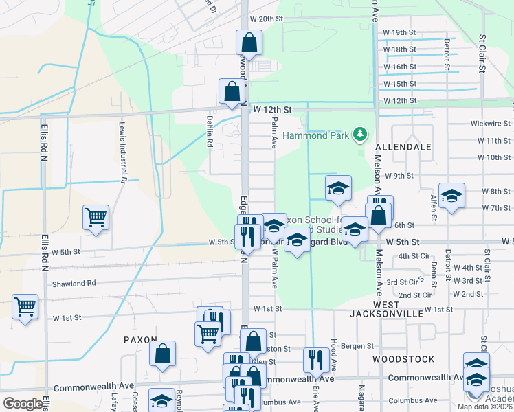 map of restaurants, bars, coffee shops, grocery stores, and more near 3540 Acacia Street in Jacksonville
