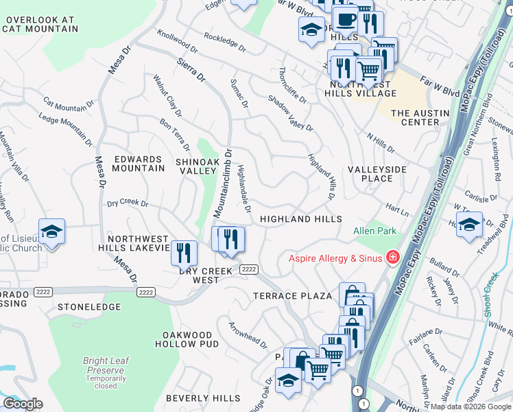 map of restaurants, bars, coffee shops, grocery stores, and more near 3708 Highland View Drive in Austin