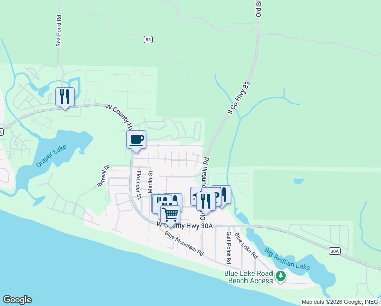 map of restaurants, bars, coffee shops, grocery stores, and more near 279 Ventana Boulevard in Santa Rosa Beach
