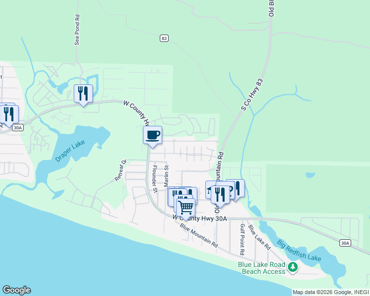 map of restaurants, bars, coffee shops, grocery stores, and more near 193 Ventana Boulevard in Santa Rosa Beach