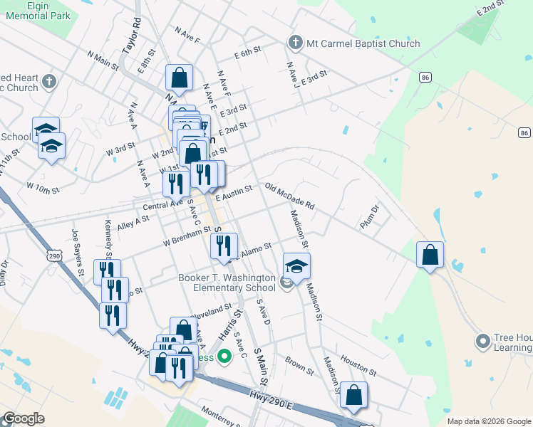 map of restaurants, bars, coffee shops, grocery stores, and more near 209 Martin Luther King Boulevard in Elgin