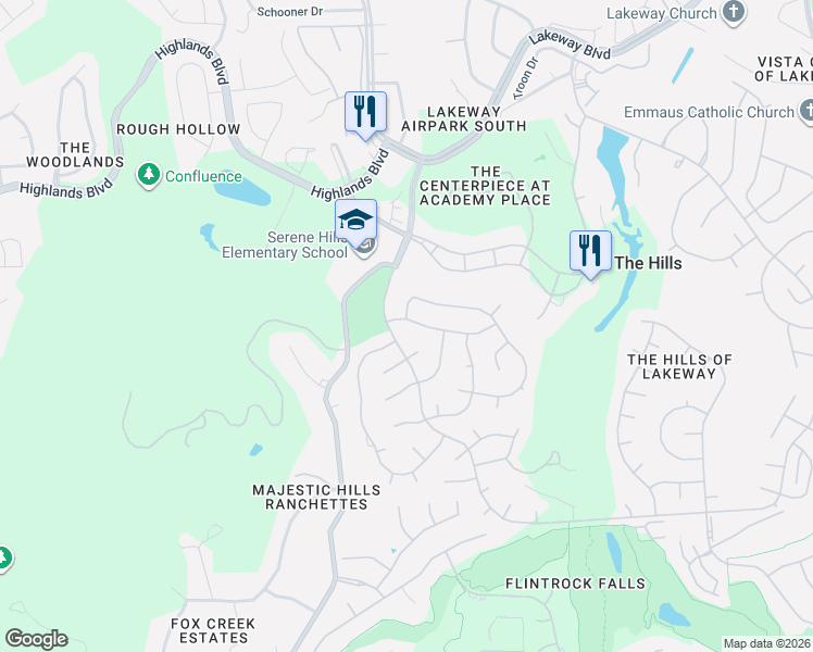 map of restaurants, bars, coffee shops, grocery stores, and more near 6 Drifting Wind Run in The Hills