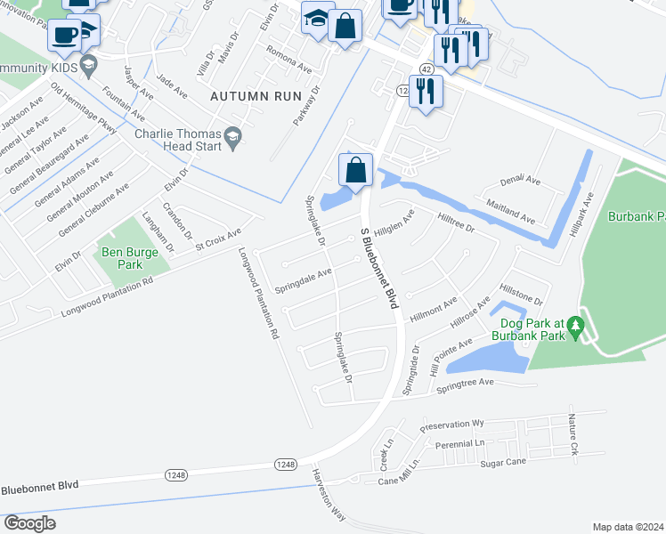 map of restaurants, bars, coffee shops, grocery stores, and more near 10354 Springdale Avenue in Baton Rouge