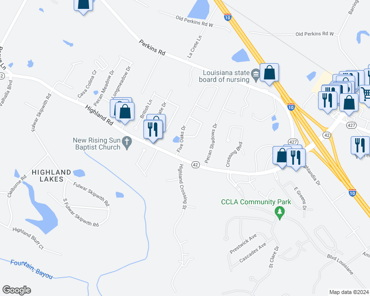 map of restaurants, bars, coffee shops, grocery stores, and more near 17915 Five Oaks Drive in Baton Rouge