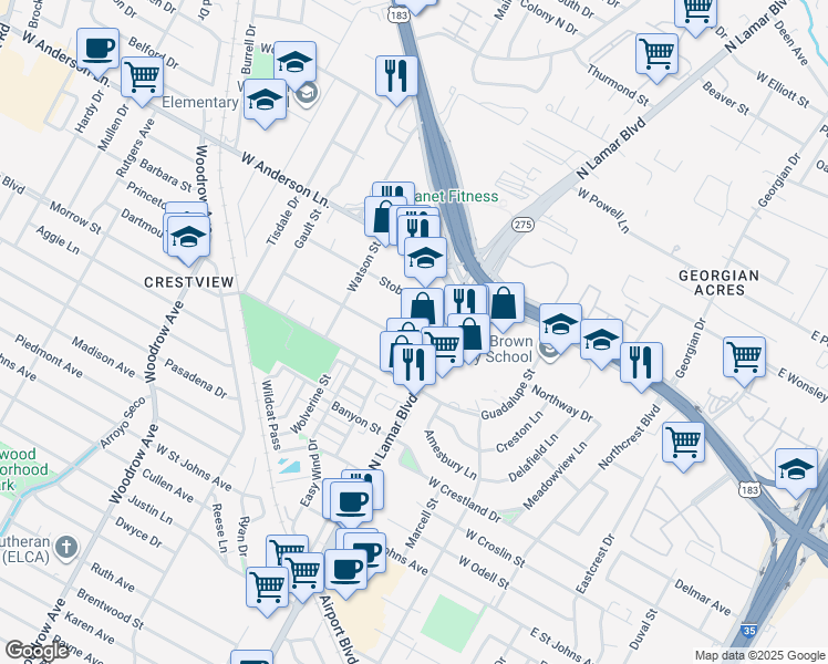 map of restaurants, bars, coffee shops, grocery stores, and more near 900 Taulbee Lane in Austin