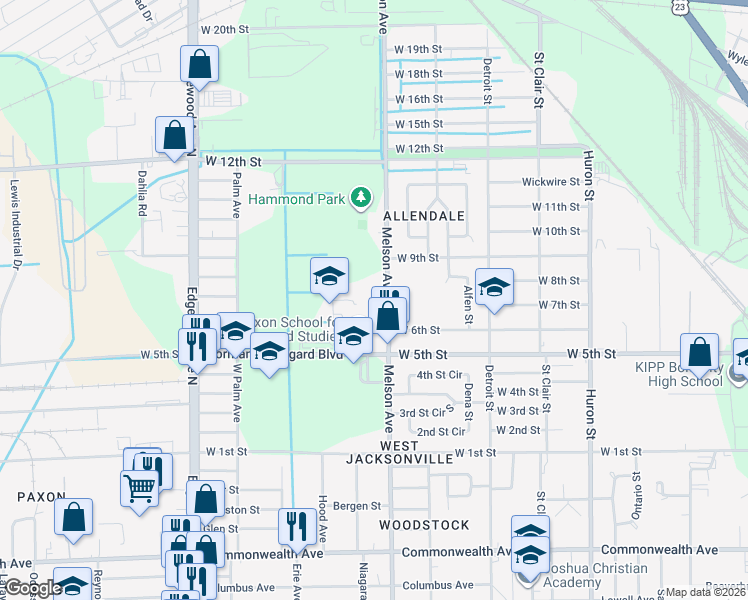 map of restaurants, bars, coffee shops, grocery stores, and more near Paxon High Ac in Jacksonville
