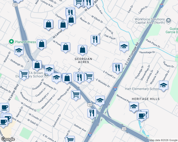 map of restaurants, bars, coffee shops, grocery stores, and more near 202 East Lola Drive in Austin