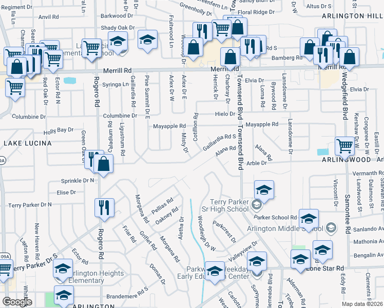 map of restaurants, bars, coffee shops, grocery stores, and more near 2335 Misty Drive in Jacksonville