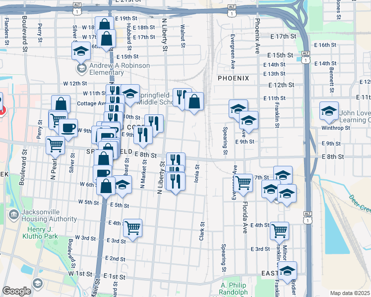 map of restaurants, bars, coffee shops, grocery stores, and more near 346 East 9th Street in Jacksonville