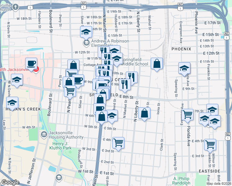 map of restaurants, bars, coffee shops, grocery stores, and more near 1832 Hubbard Street in Jacksonville