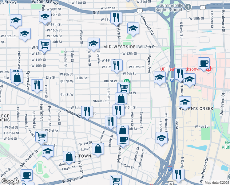 map of restaurants, bars, coffee shops, grocery stores, and more near 1339 Mc Conihe Street in Jacksonville