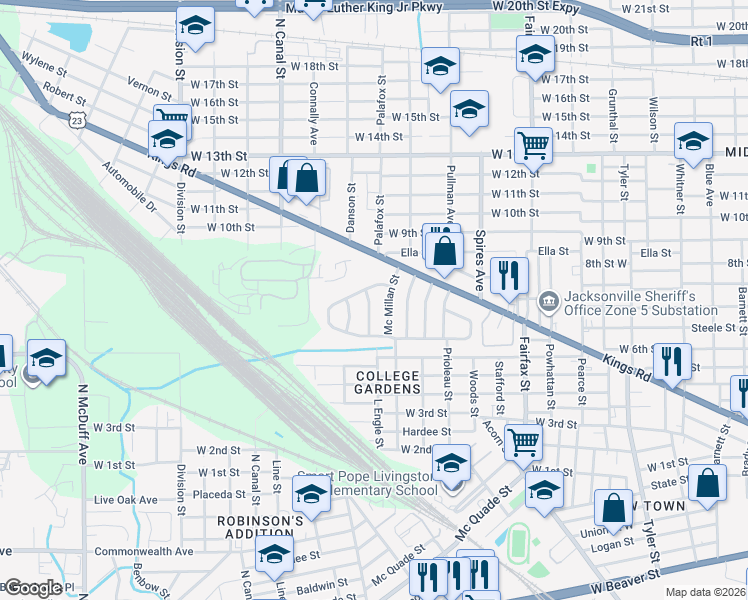 map of restaurants, bars, coffee shops, grocery stores, and more near 2119 College Circle South in Jacksonville