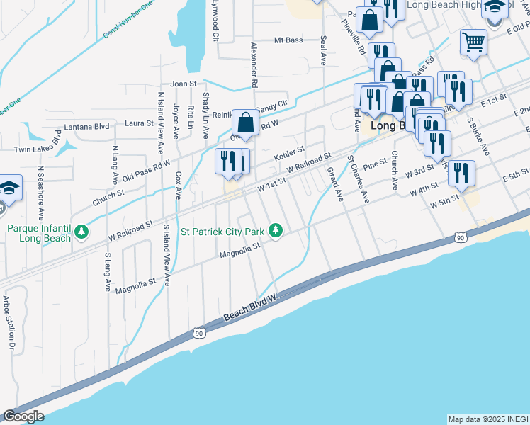 map of restaurants, bars, coffee shops, grocery stores, and more near 117 Trautman Avenue in Long Beach