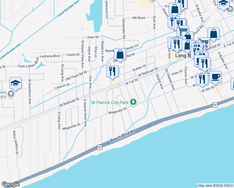 map of restaurants, bars, coffee shops, grocery stores, and more near 703 West 1st Street in Long Beach