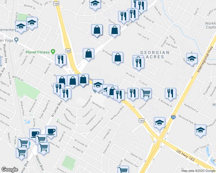 map of restaurants, bars, coffee shops, grocery stores, and more near 504 1/2 West Anderson Lane in Austin