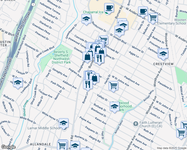 map of restaurants, bars, coffee shops, grocery stores, and more near 2106 Cullen Avenue in Austin