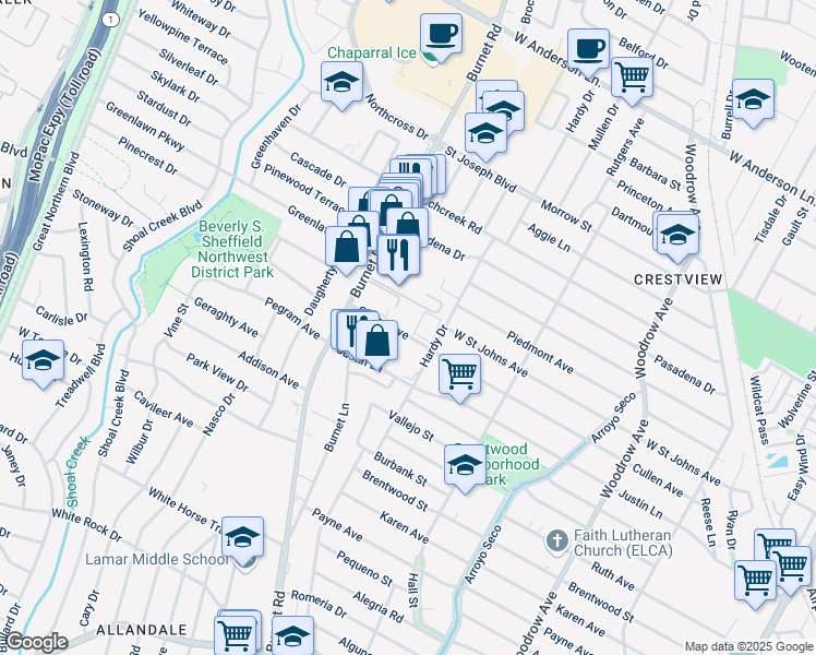 map of restaurants, bars, coffee shops, grocery stores, and more near 2110 Cullen Avenue in Austin