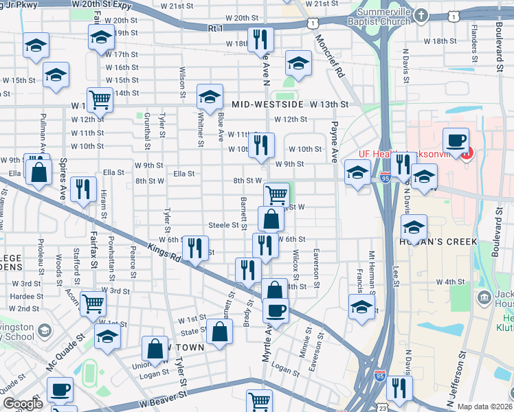 map of restaurants, bars, coffee shops, grocery stores, and more near 1339 Mc Conihe Street in Jacksonville