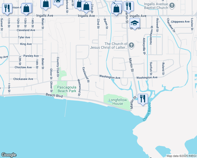 map of restaurants, bars, coffee shops, grocery stores, and more near 3313 Washington Avenue in Pascagoula