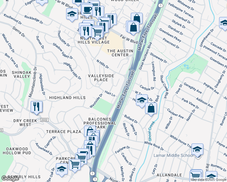 map of restaurants, bars, coffee shops, grocery stores, and more near 6501 East Hill Drive in Austin