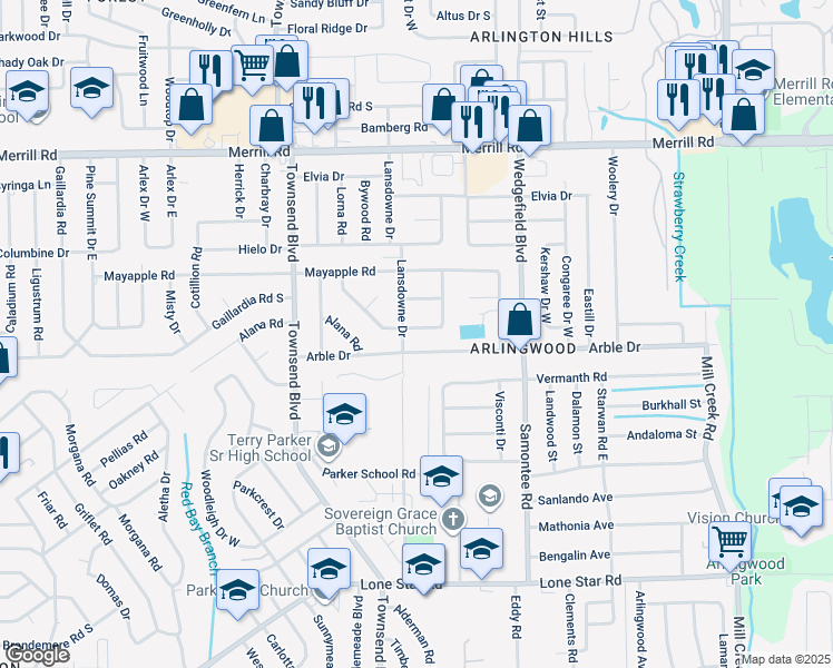 map of restaurants, bars, coffee shops, grocery stores, and more near 7426 Burlingame Drive South in Jacksonville