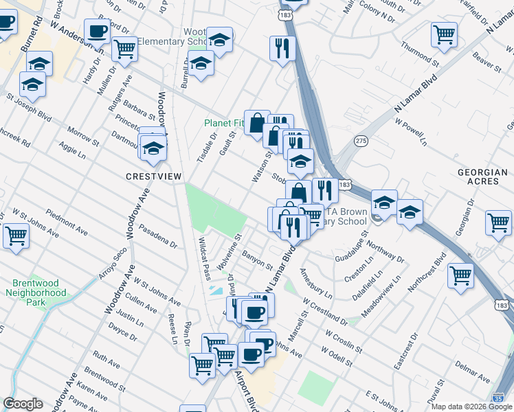 map of restaurants, bars, coffee shops, grocery stores, and more near 1007 Taulbee Lane in Austin