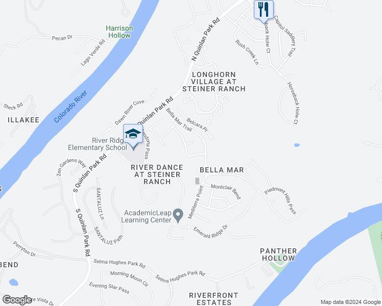map of restaurants, bars, coffee shops, grocery stores, and more near 12500 Calistoga Way in Austin
