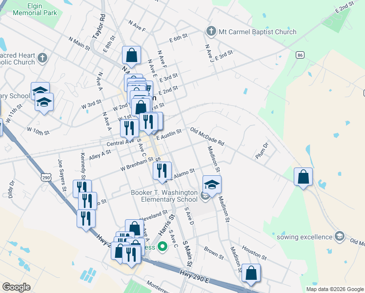 map of restaurants, bars, coffee shops, grocery stores, and more near 209 Martin Luther King Boulevard in Elgin