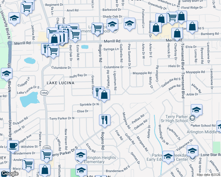 map of restaurants, bars, coffee shops, grocery stores, and more near 2327 Caladium Road in Jacksonville