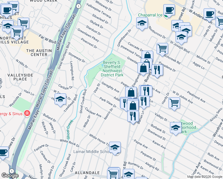 map of restaurants, bars, coffee shops, grocery stores, and more near 2702 Geraghty Avenue in Austin