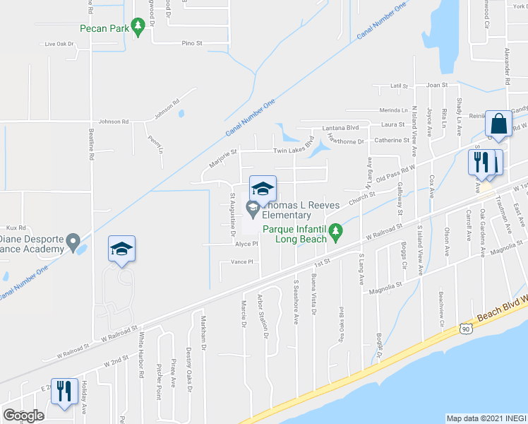 map of restaurants, bars, coffee shops, grocery stores, and more near 214 Saint Augustine Drive in Long Beach
