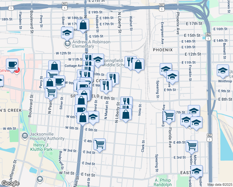 map of restaurants, bars, coffee shops, grocery stores, and more near 1850 North Liberty Street in Jacksonville