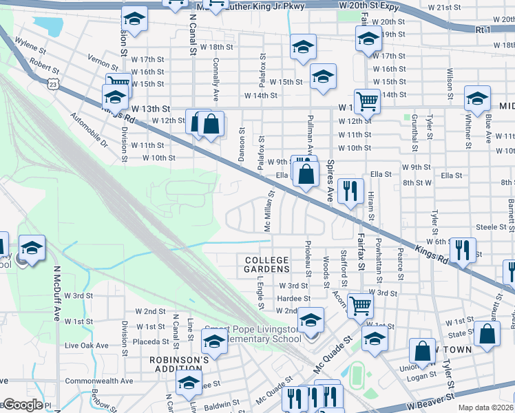 map of restaurants, bars, coffee shops, grocery stores, and more near 2119 College Circle South in Jacksonville