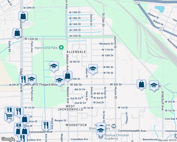 map of restaurants, bars, coffee shops, grocery stores, and more near in Jacksonville