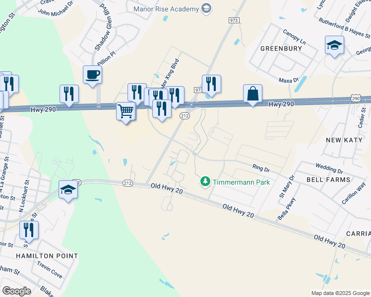 map of restaurants, bars, coffee shops, grocery stores, and more near 7057 Texas 212 Loop in Manor