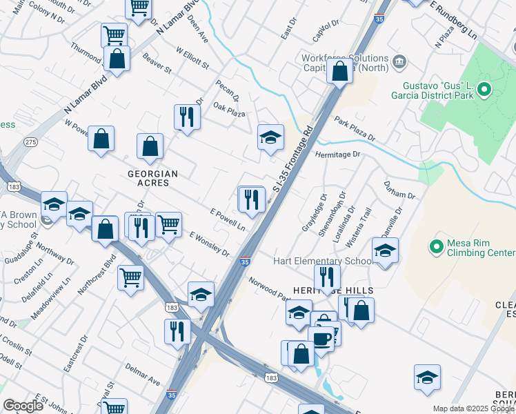 map of restaurants, bars, coffee shops, grocery stores, and more near 8312 South Interstate 35 Frontage Road in Austin