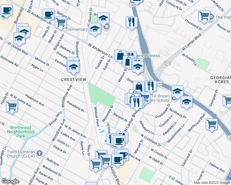 map of restaurants, bars, coffee shops, grocery stores, and more near 1011 Taulbee Lane in Austin