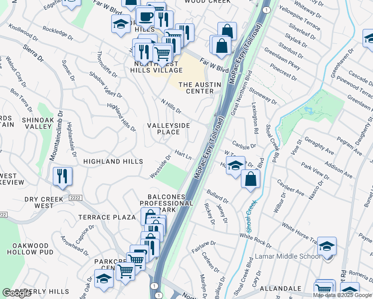 map of restaurants, bars, coffee shops, grocery stores, and more near 6518 East Hill Drive in Austin