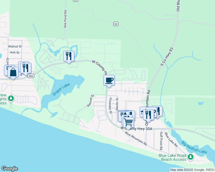 map of restaurants, bars, coffee shops, grocery stores, and more near 2768 West County Highway 30A in Santa Rosa Beach
