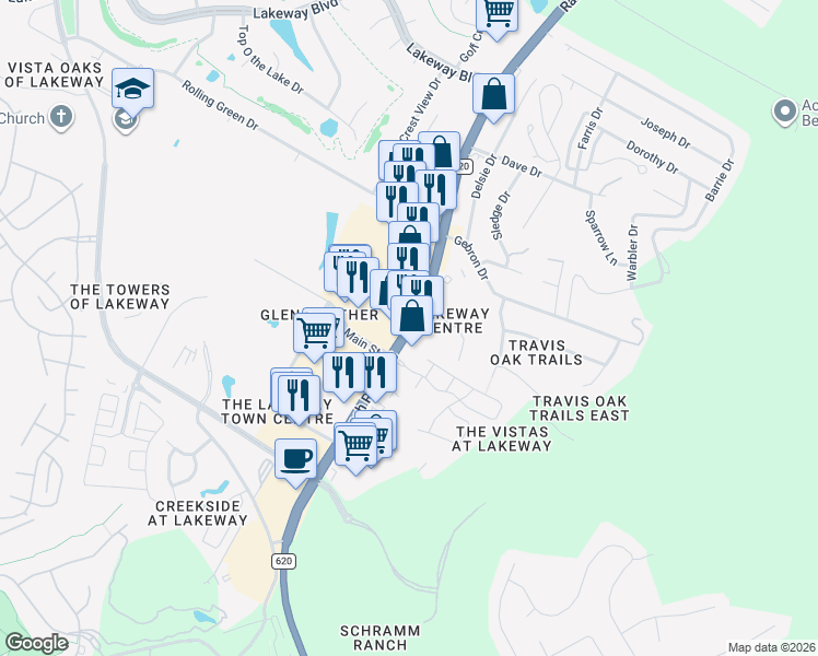 map of restaurants, bars, coffee shops, grocery stores, and more near 1789 Ranch Road 620 South in Lakeway