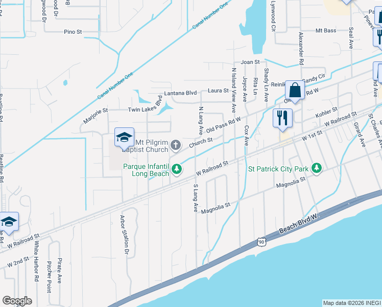 map of restaurants, bars, coffee shops, grocery stores, and more near 111 North Lang Avenue in Long Beach