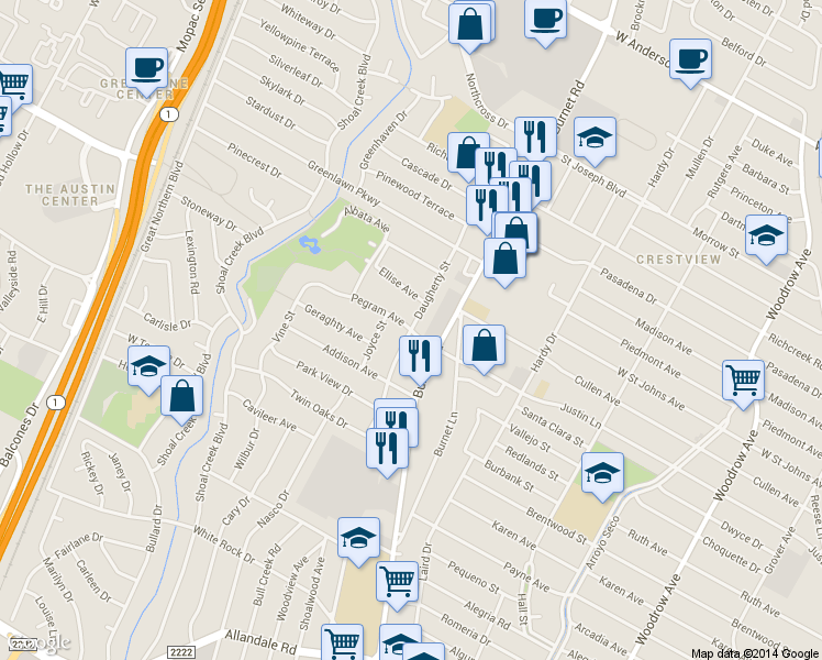 map of restaurants, bars, coffee shops, grocery stores, and more near Daugherty St & Pegram Ave in Austin