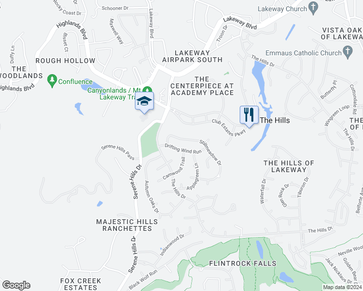map of restaurants, bars, coffee shops, grocery stores, and more near 13 Drifting Wind Run in The Hills