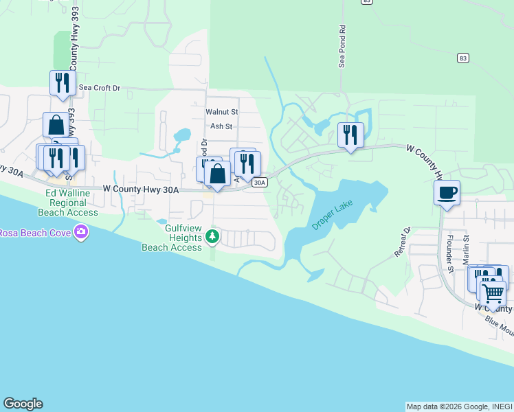 map of restaurants, bars, coffee shops, grocery stores, and more near 72 Vicki Street in Santa Rosa Beach