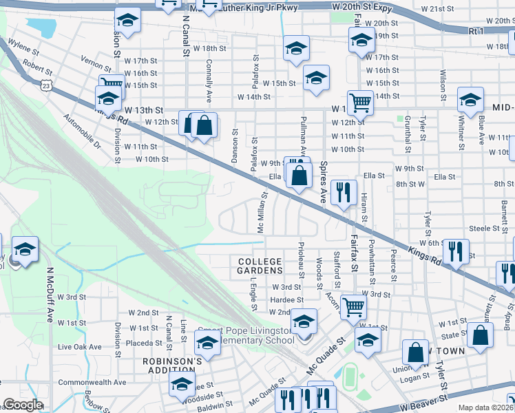 map of restaurants, bars, coffee shops, grocery stores, and more near 2119 College Circle South in Jacksonville