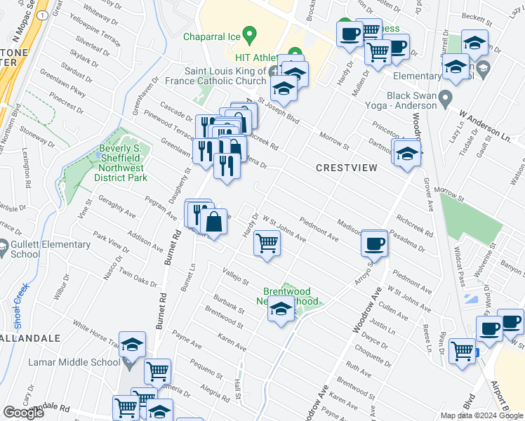 map of restaurants, bars, coffee shops, grocery stores, and more near 1918 West Saint Johns Avenue in Austin