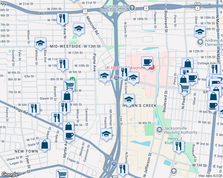 map of restaurants, bars, coffee shops, grocery stores, and more near 1765 Mt Herman St in Jacksonville